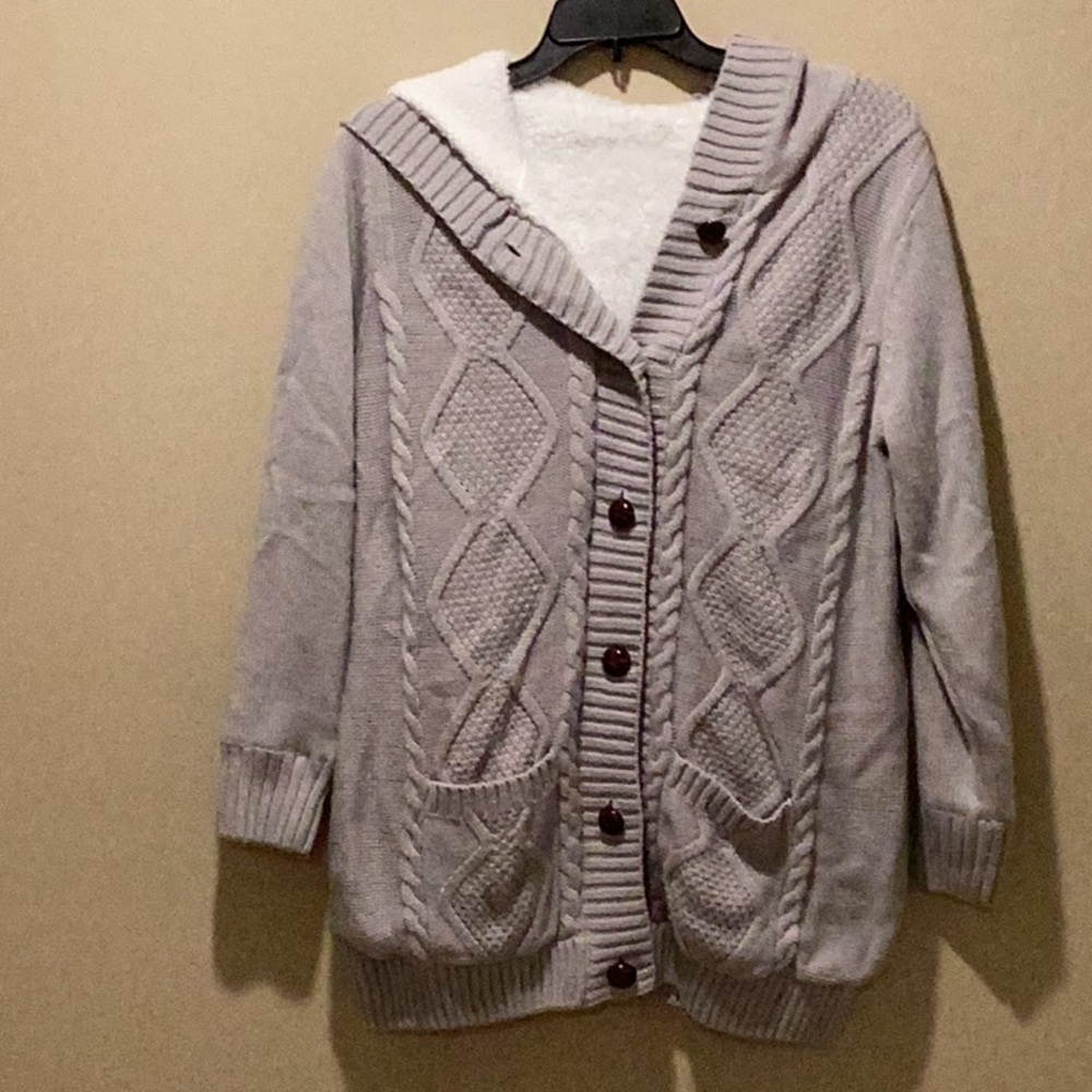 Generic white and gray sweater.  6 button with two front pockets,hood. X-LARGE